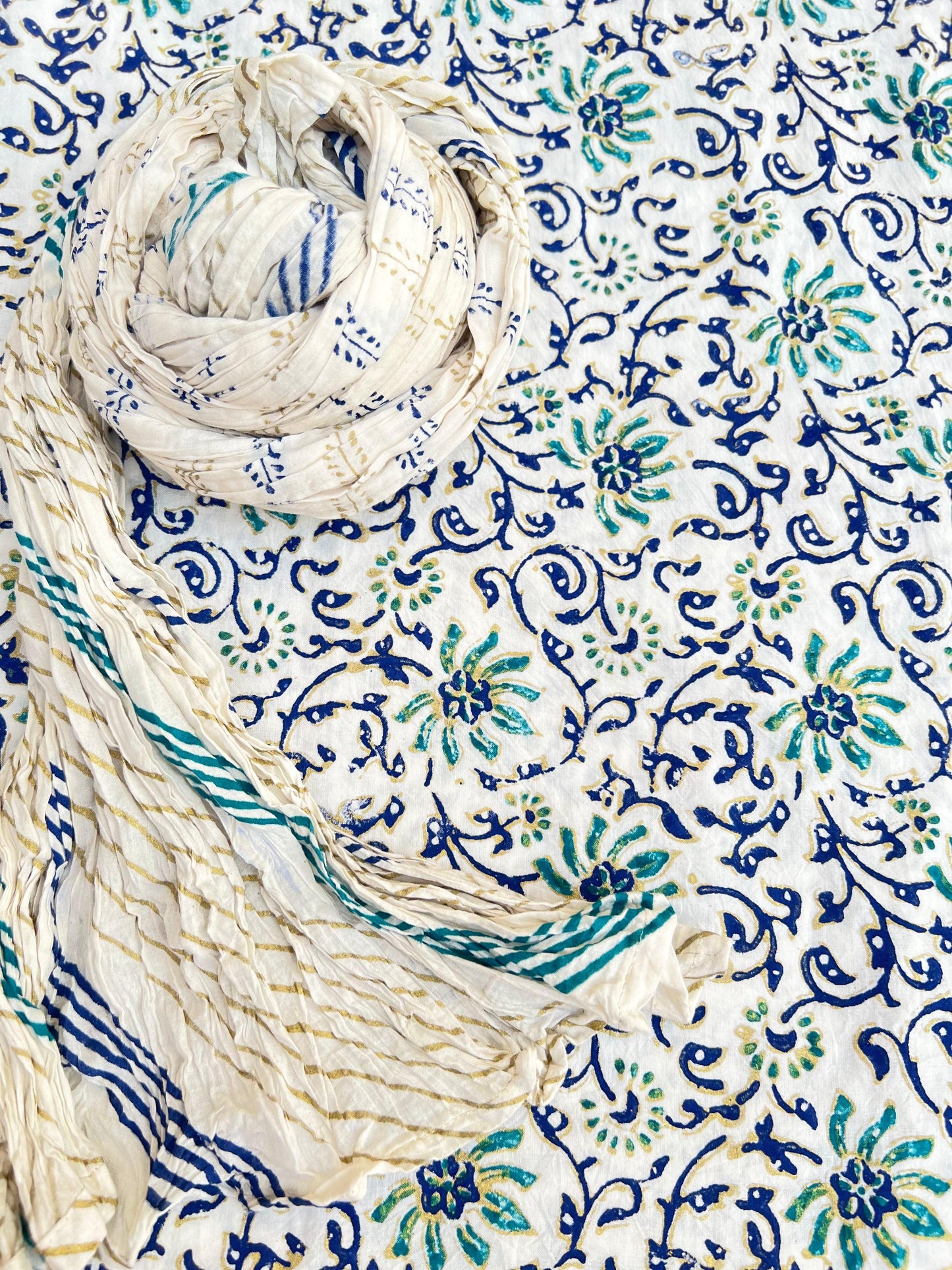 Uplift your look in this Gul-e-Dawoodi floral block printed with gold ferozi and blue - Unstitched Collection