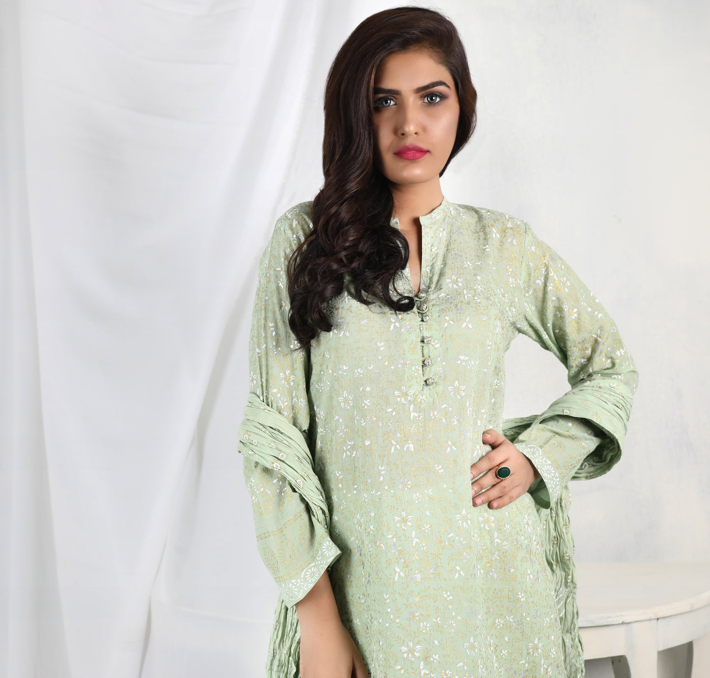Breezy elegance! Light green lawn shirt with gold-silver floral block print and crushed dupatta - Stitched Collection