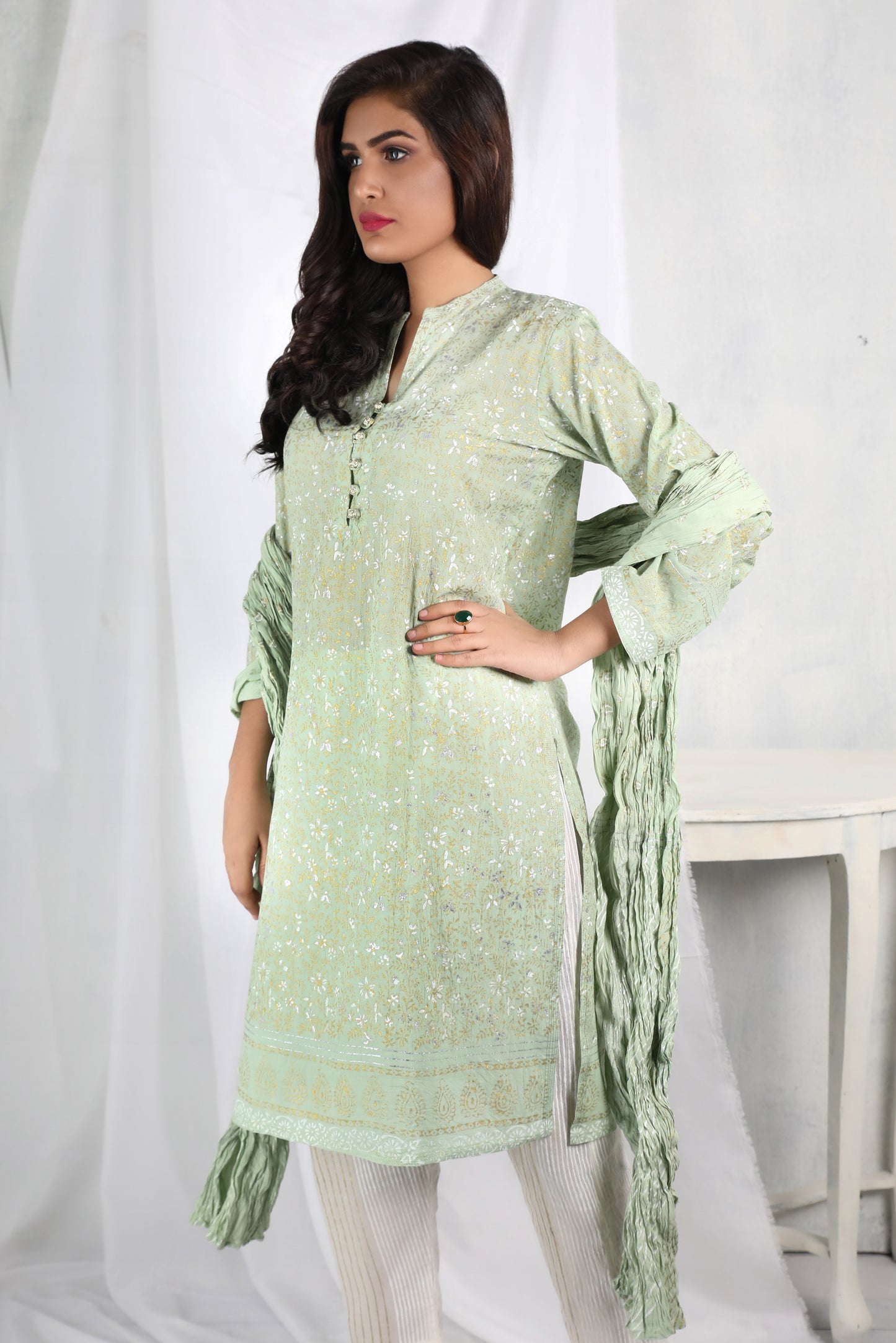 Breezy elegance! Light green lawn shirt with gold-silver floral block print and crushed dupatta - Stitched Collection