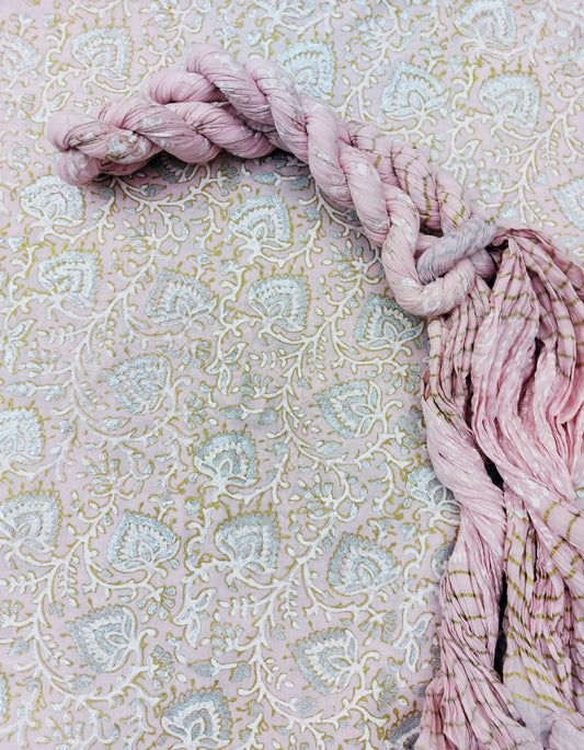 Consider the floral Block Printed fabric with luxurious Gold Silver and White - Unstitched Collection