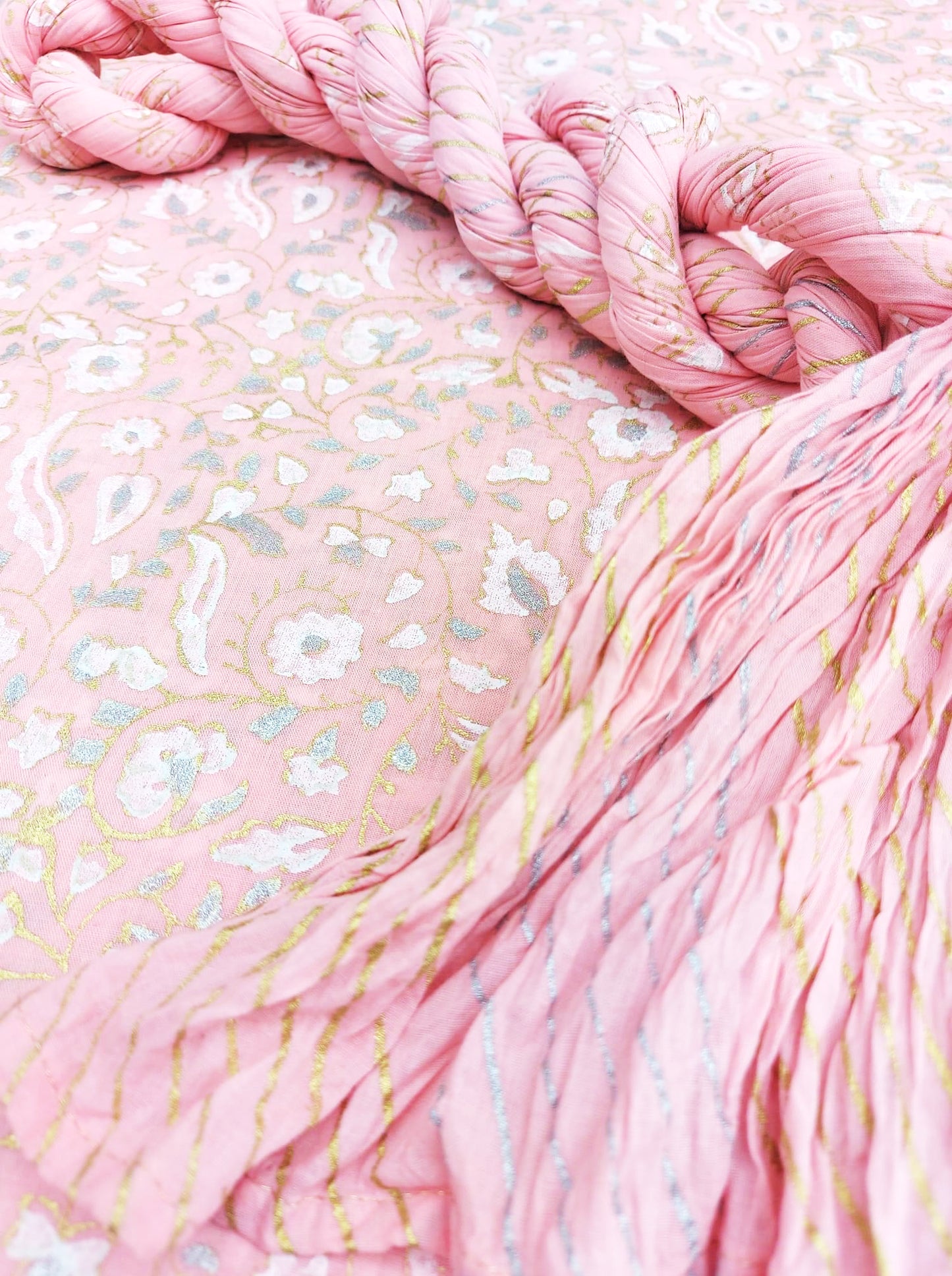 Unique floral Block Printed fabric in luxurious Gold Silver and White - Unstitched Collection