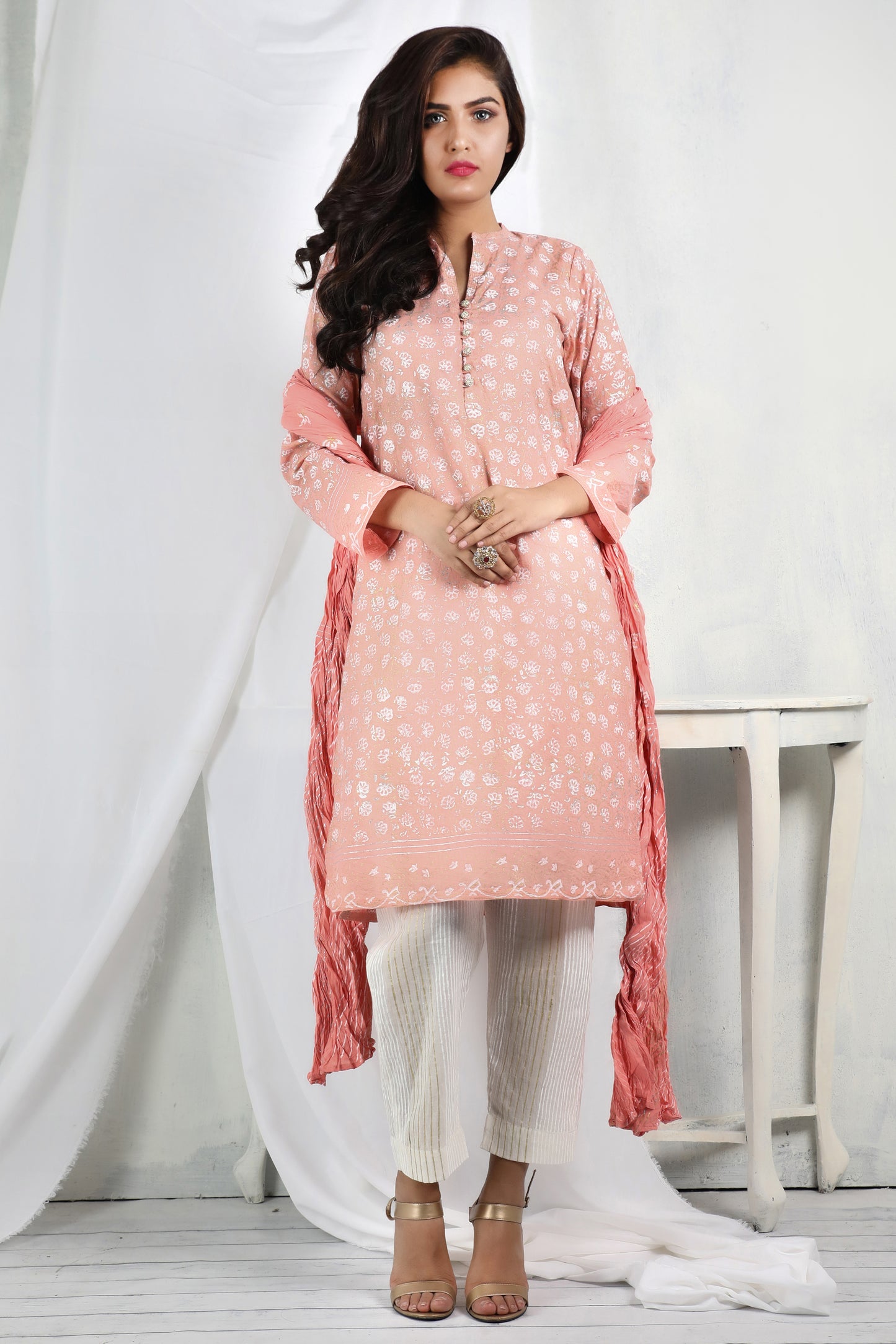Experience elegance with our light peach lawn ensemble paired with crushed dupatta - Stitched Collection