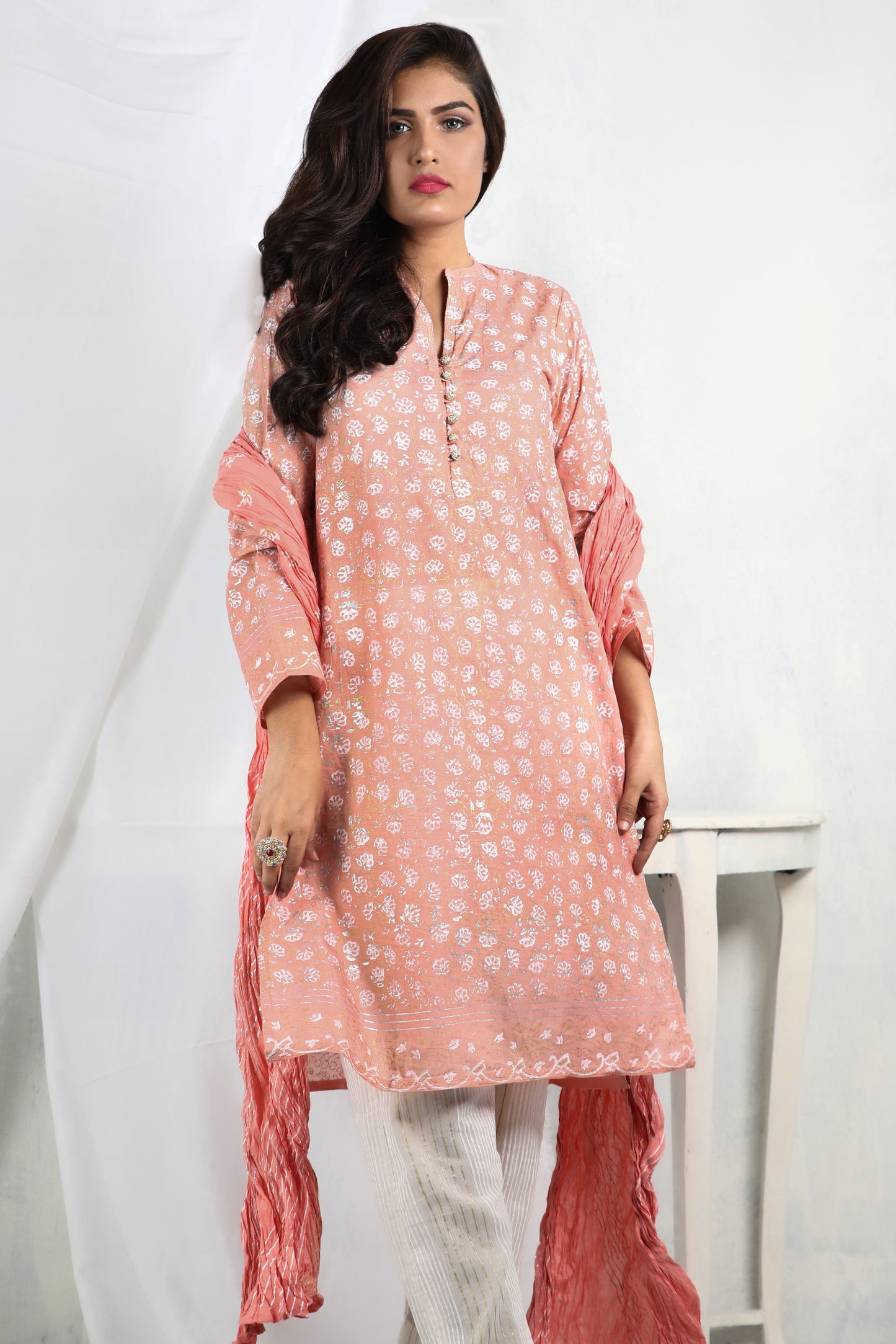 Experience elegance with our light peach lawn ensemble paired with crushed dupatta - Stitched Collection