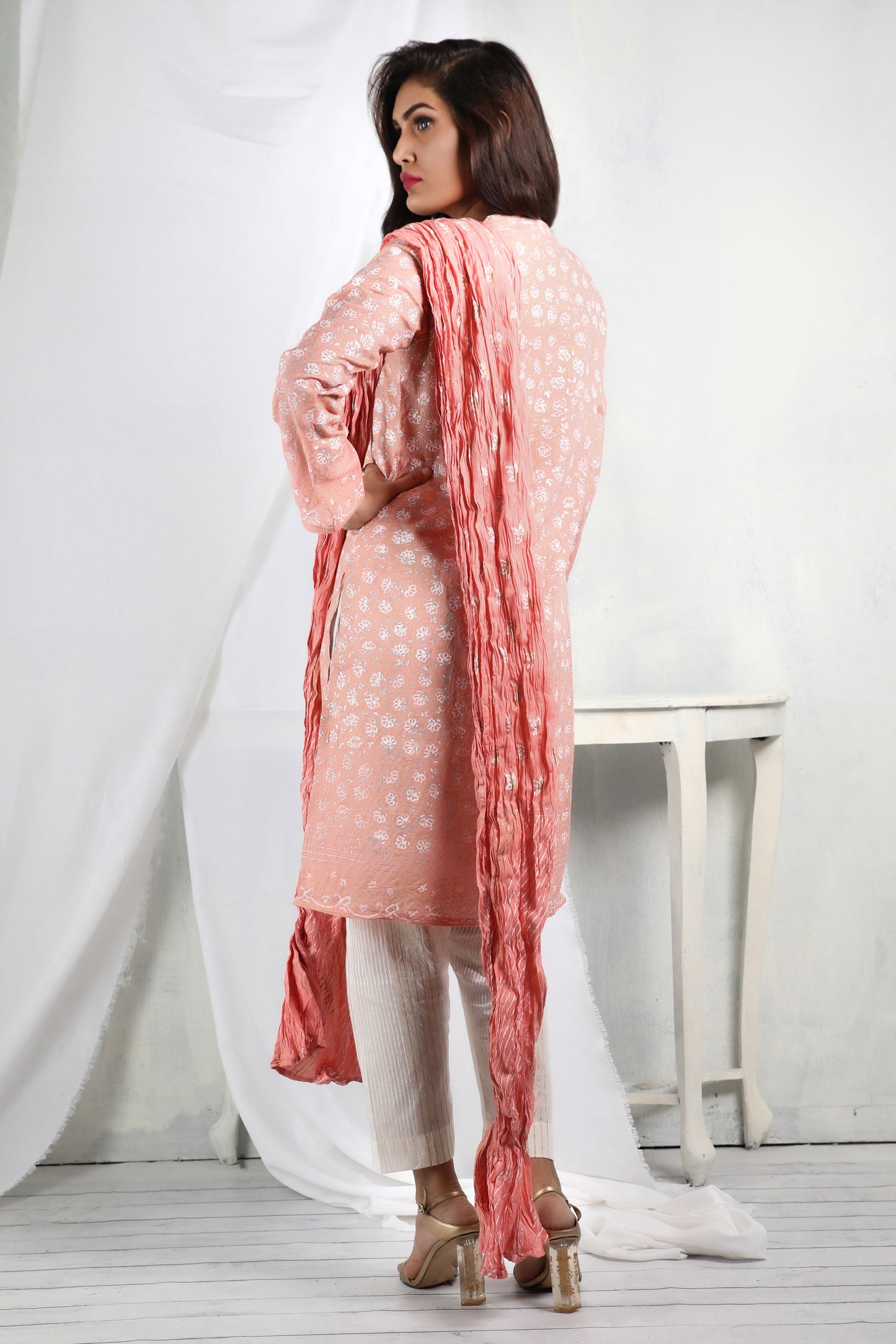 Experience elegance with our light peach lawn ensemble paired with crushed dupatta - Stitched Collection