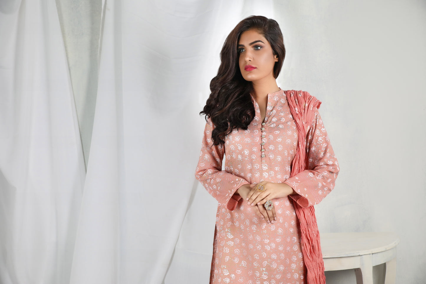 Experience elegance with our light peach lawn ensemble paired with crushed dupatta - Stitched Collection