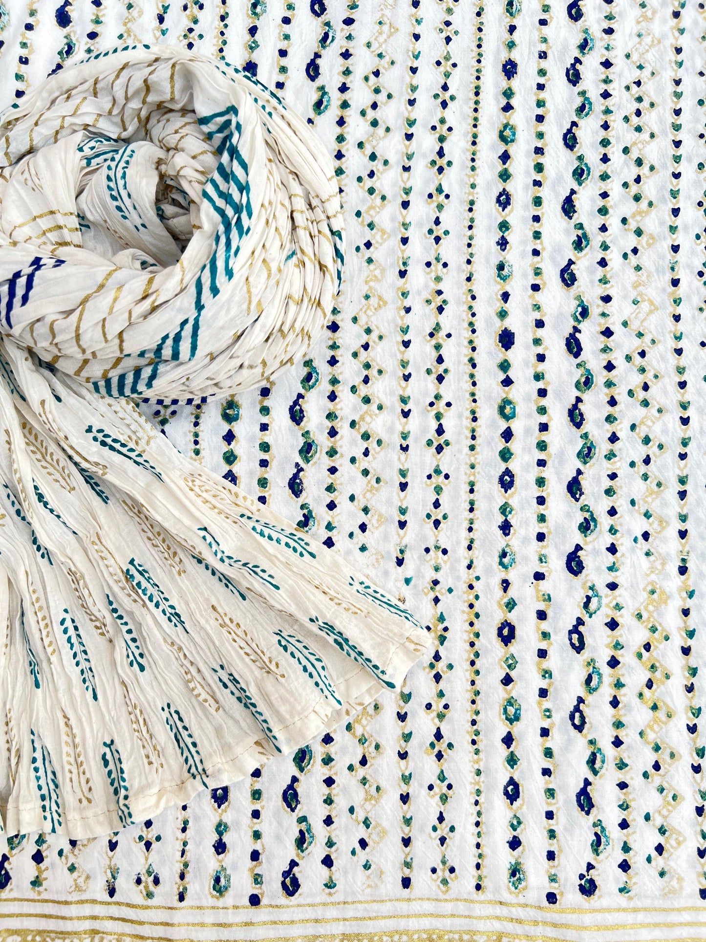 Gold Ferozi and blue block printed Matrix design on kora white fabric