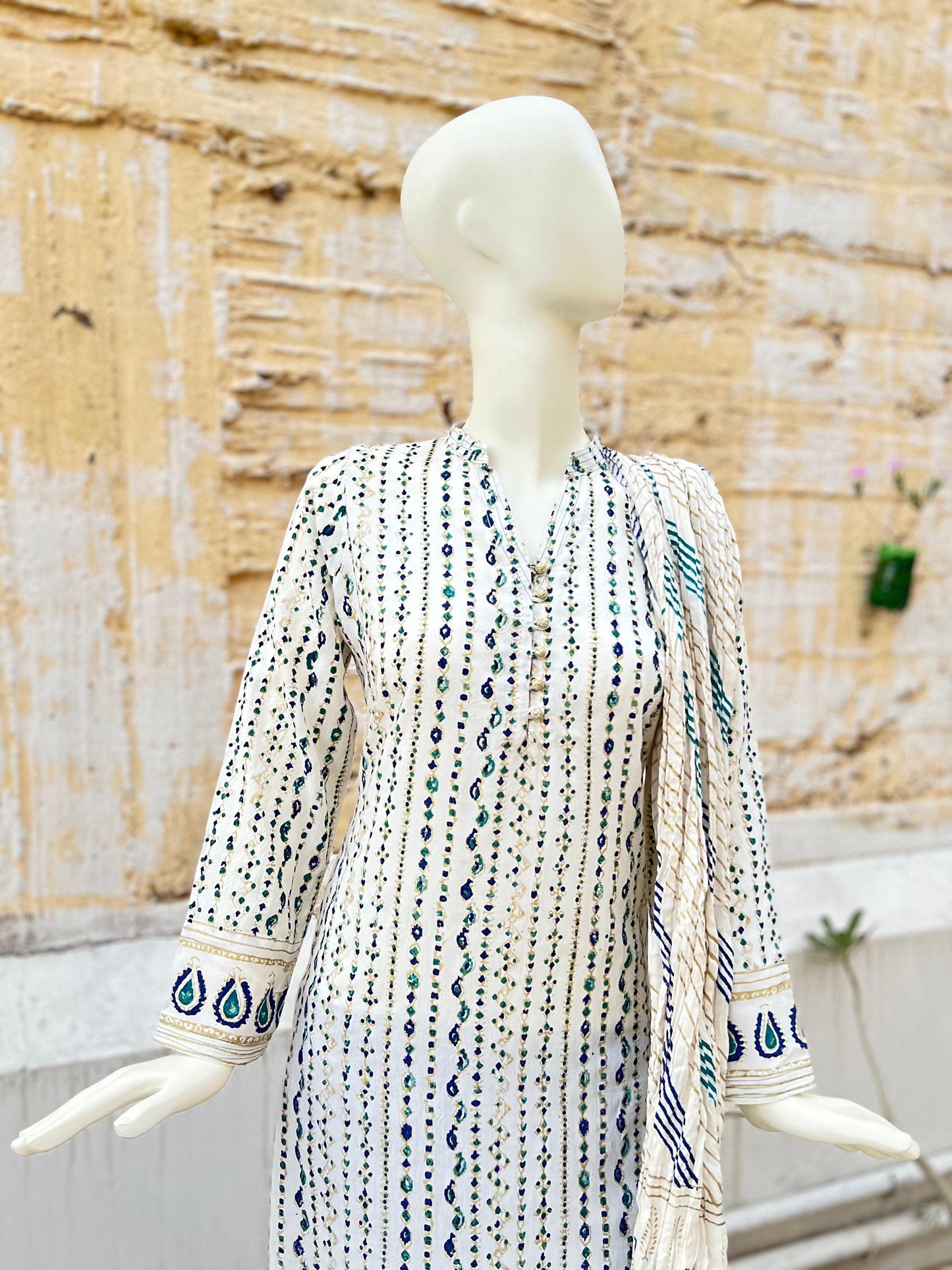 Gorgeous Gold Ferozi and Blue Block Printed Shirt with Sleek Matrix Dupatta - Truly a Showstopper!