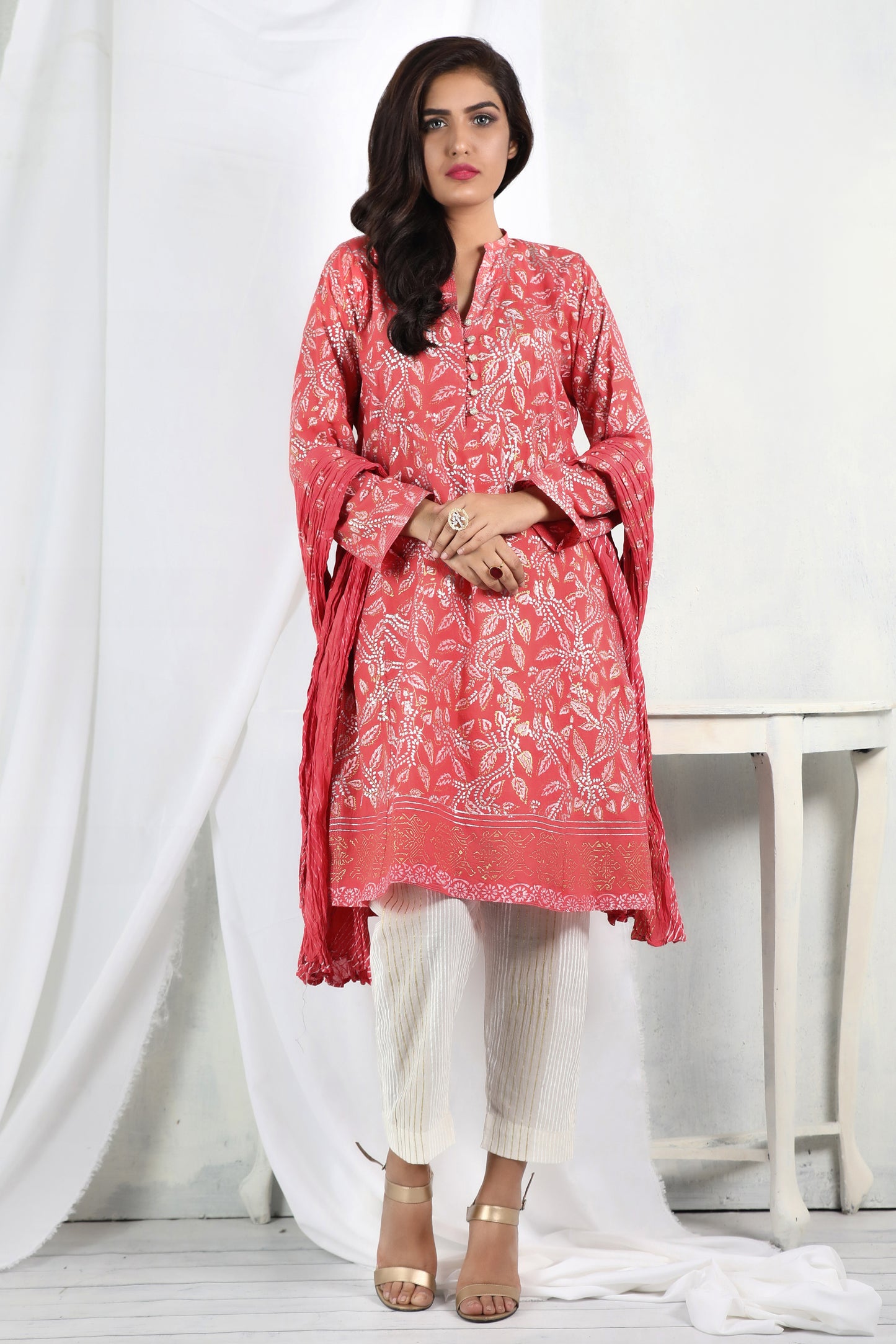 Indulge in the beauty of our carrot red lawn dream..- Stitched Collection
