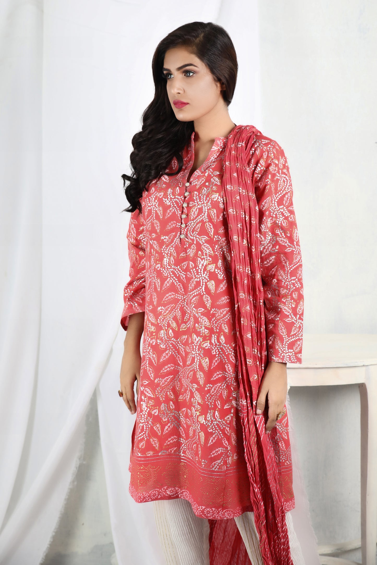 Indulge in the beauty of our carrot red lawn dream..- Stitched Collection