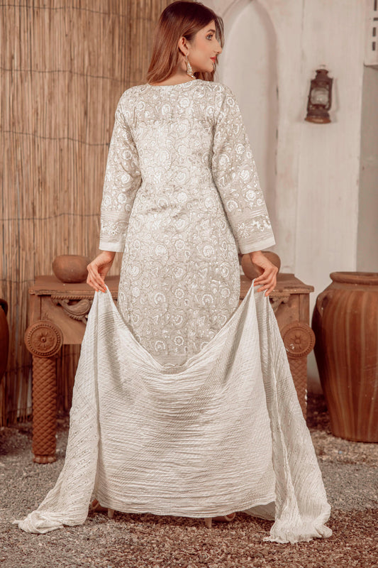 Gaindha Phool Block Print with gold and silver detailing is a must-have for any wardrobe - Stitched Collection