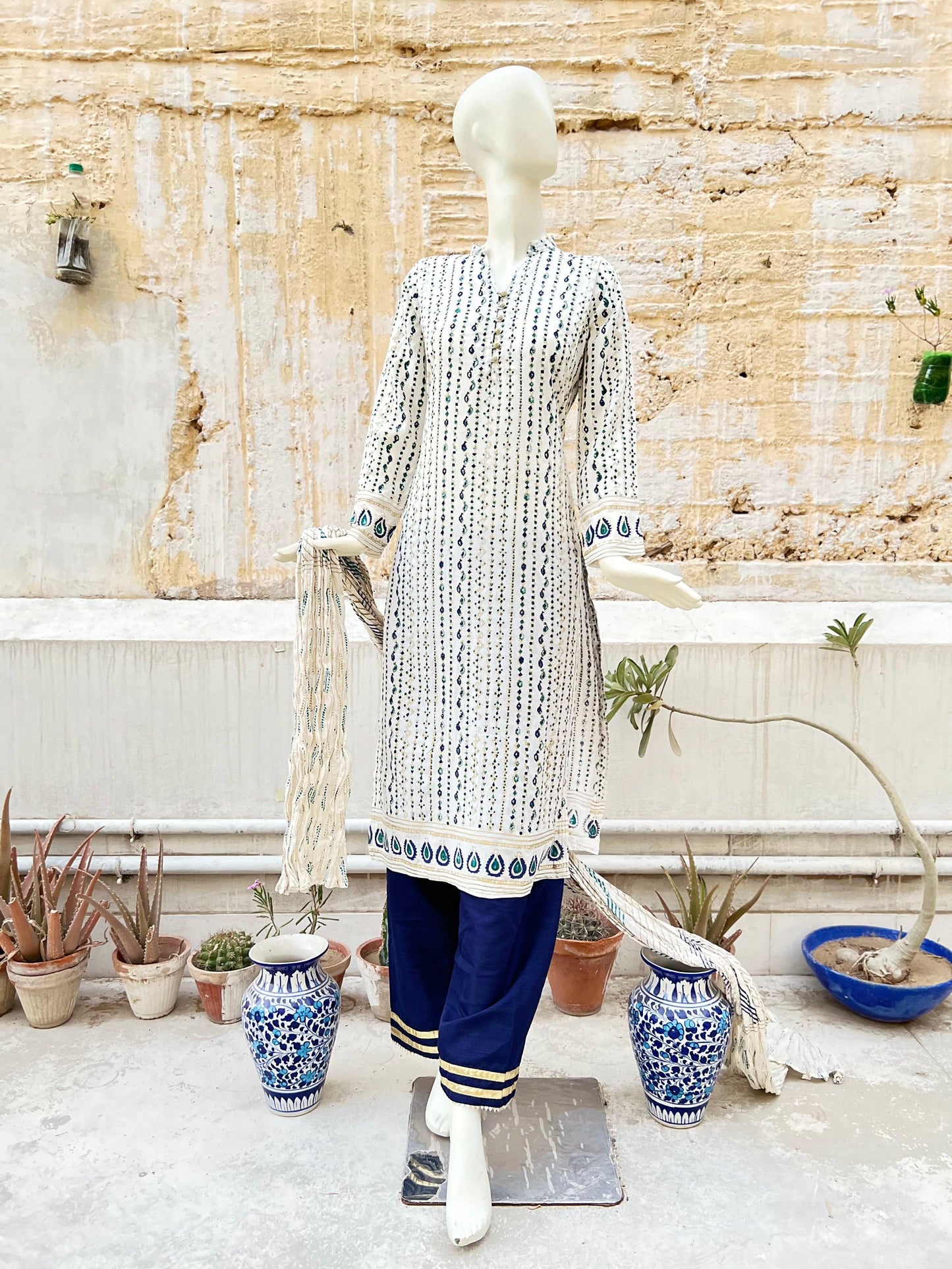 Gorgeous Gold Ferozi and Blue Block Printed Shirt with Sleek Matrix Dupatta - Truly a Showstopper!