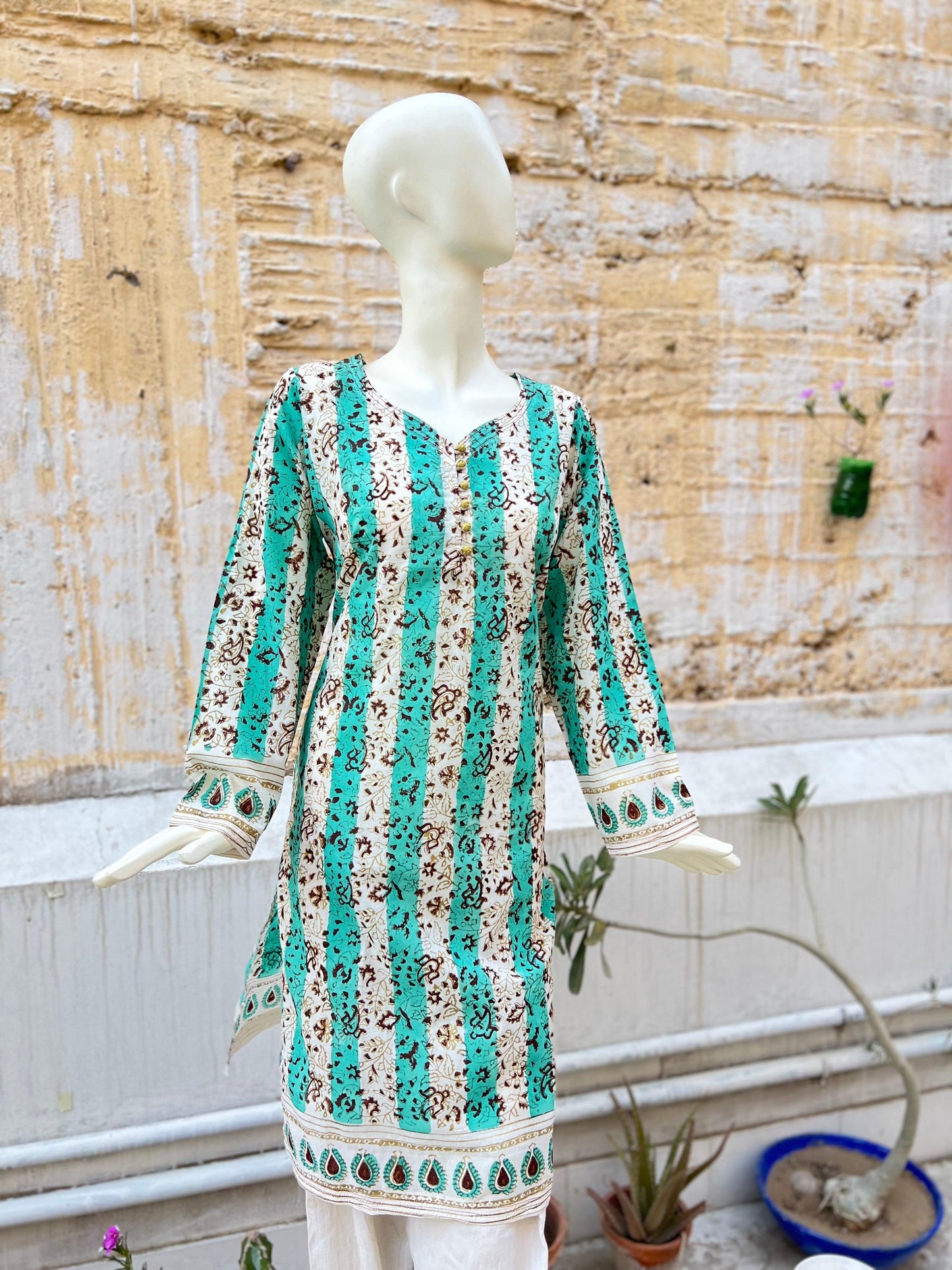 Gold Ferozi & Maroon: Stunning Block Printed Stitched Shirt with Intricate Florals