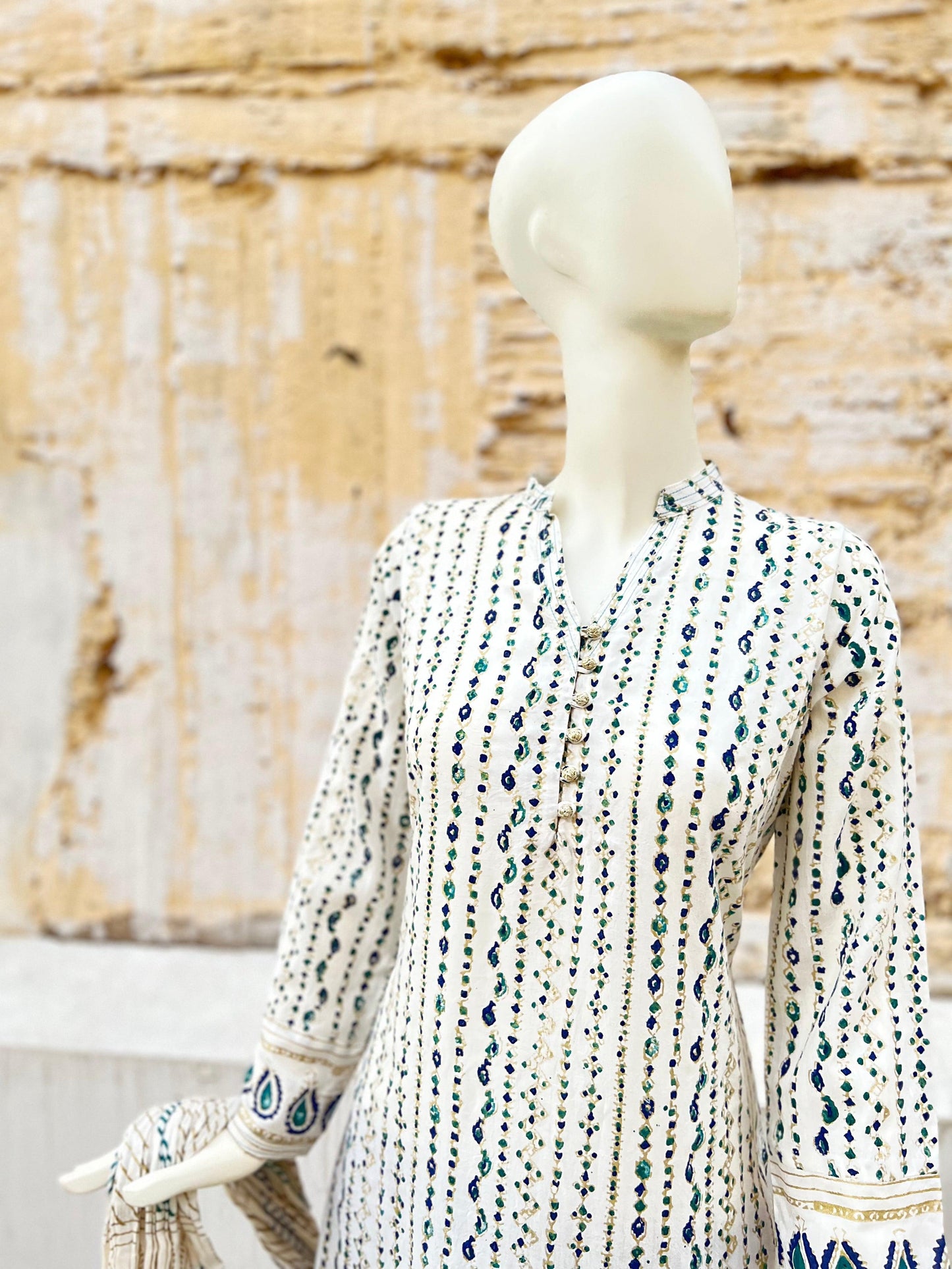 Gorgeous Gold Ferozi and Blue Block Printed Shirt with Sleek Matrix Dupatta - Truly a Showstopper!