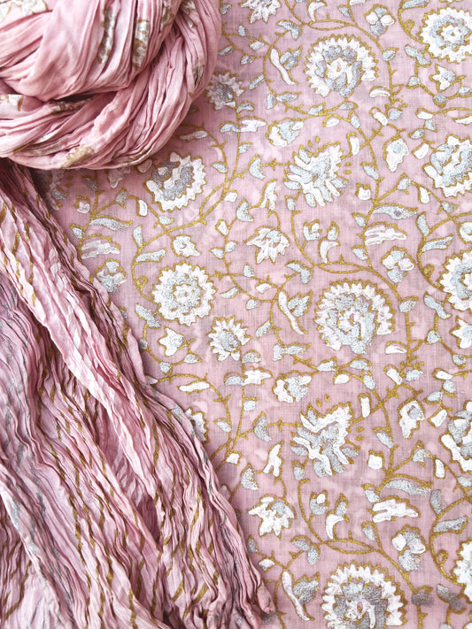 Gainda Phool Block Printed with Luxury Gold Silver on Barbie Pink - Unstitched Collection