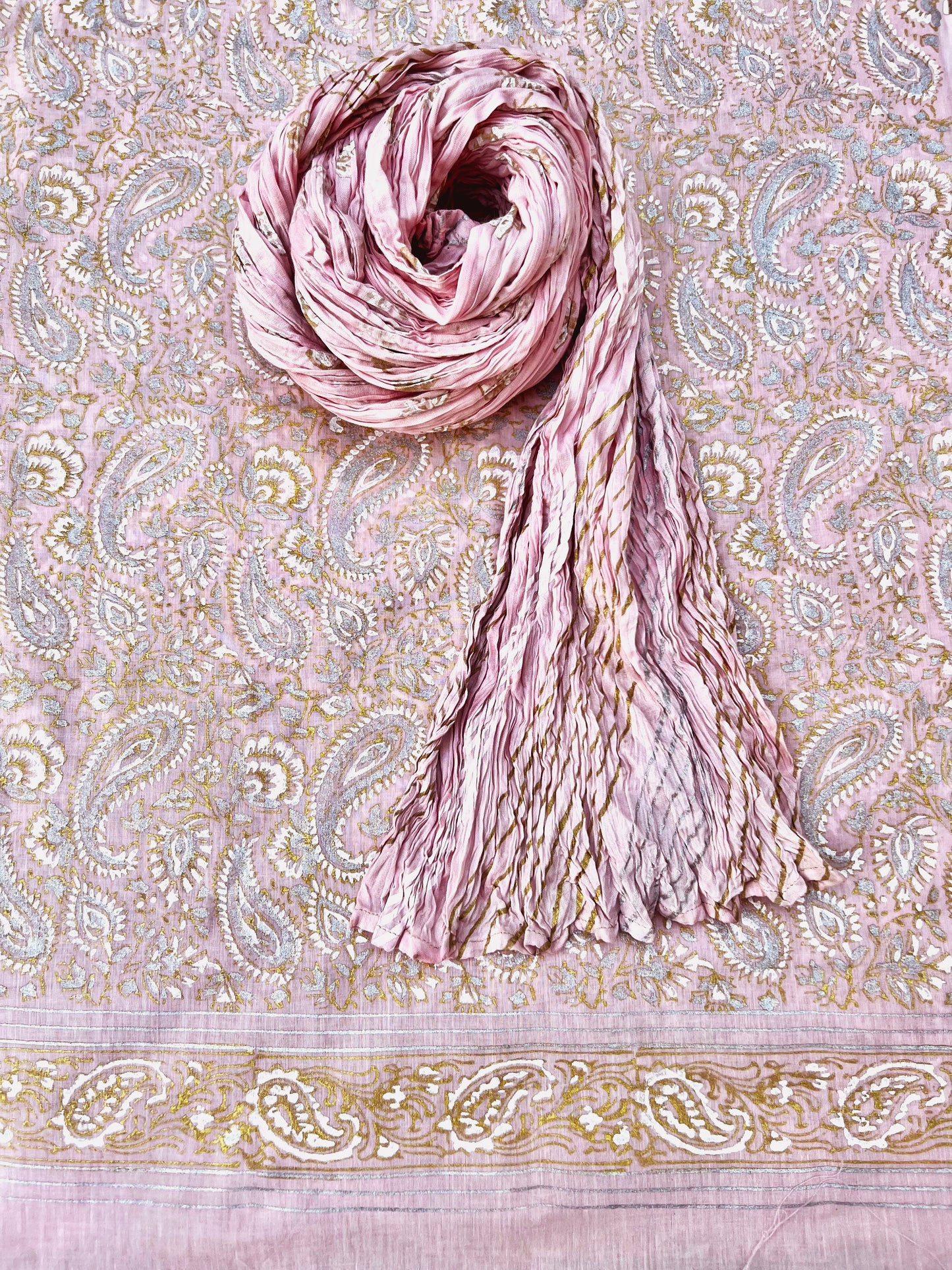 Sophisticated gold, silver, and white hand block printed Maryam Paisley Design - Unstitched Collection