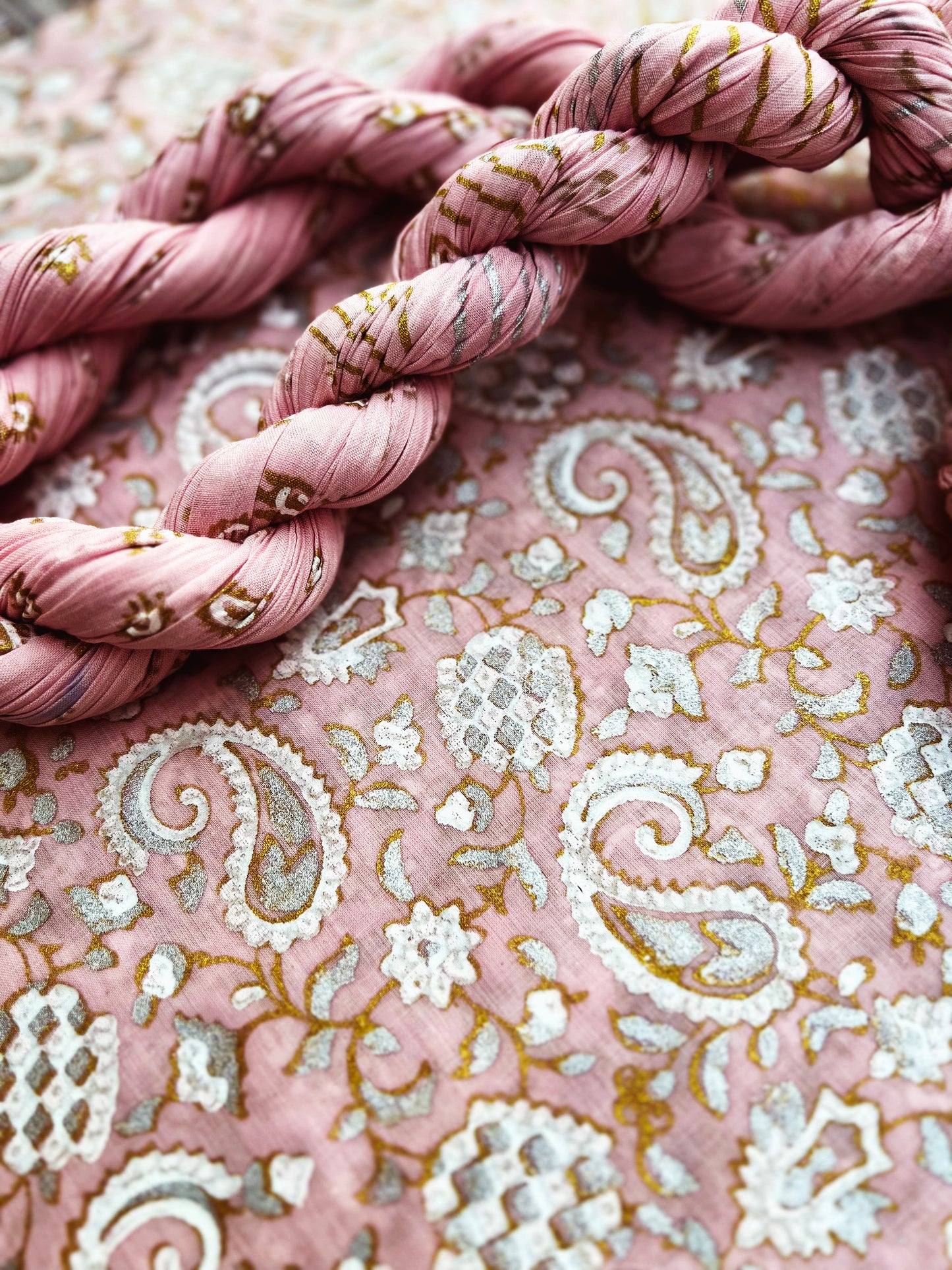 Stunning royal Paisley block print in gold, silver, and white on Barbie Pink - Unstitched Collection