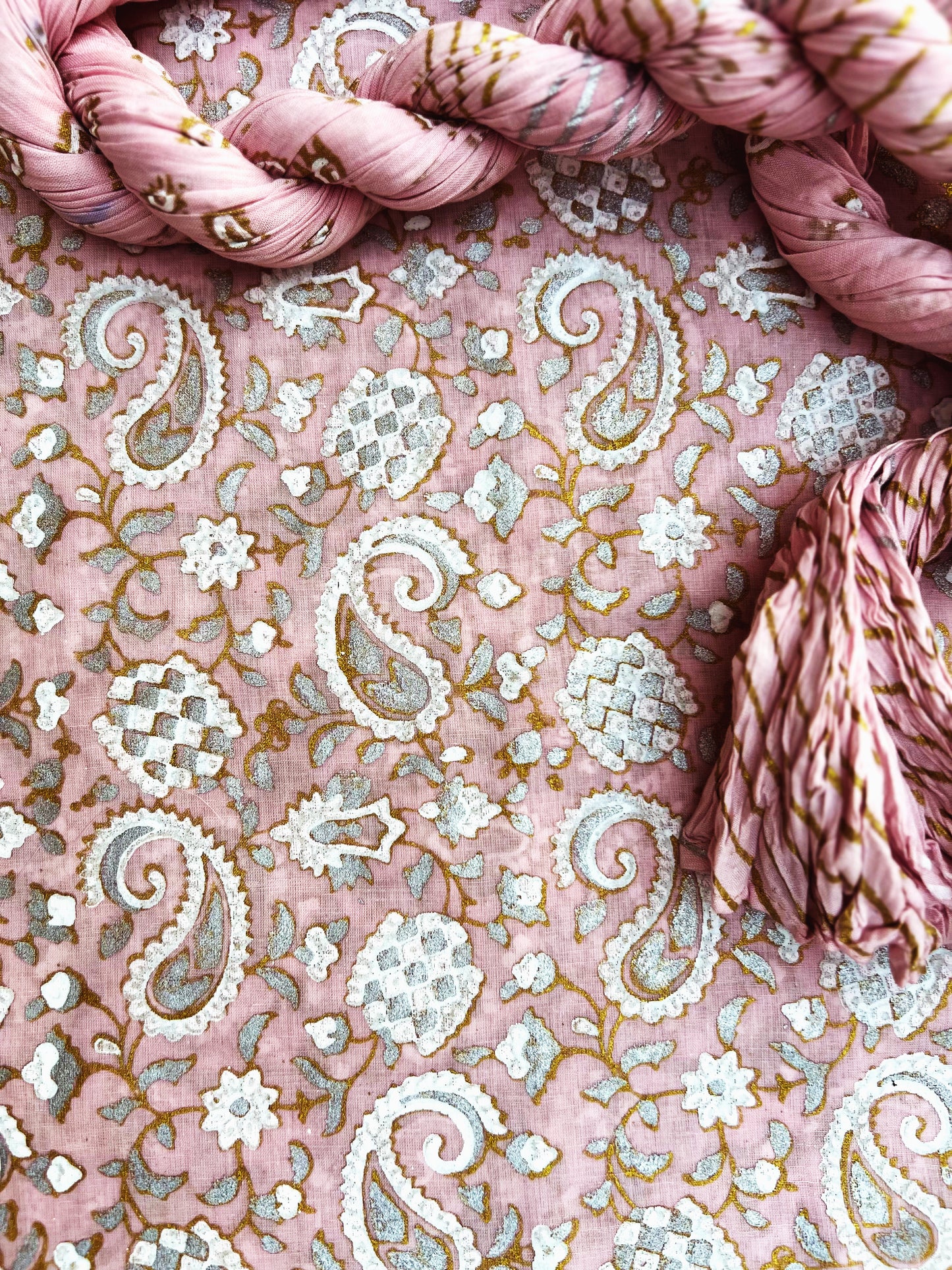 Stunning royal Paisley block print in gold, silver, and white on Barbie Pink - Unstitched Collection