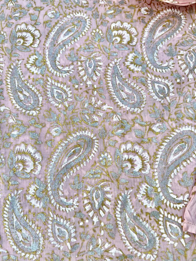 Maryam Paisley Design Hand Block Printed with Gold silver on Light Pink- Unstitched Collection