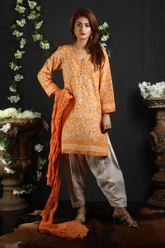 Fall in love with the stunning Neam Leafs Block Printed Stitched Collection. The beautiful design, combined with gold and silver accents, is sure to leave you bewitched. Elevate your style with this unique and eye-catching piece. - Stitched Collection