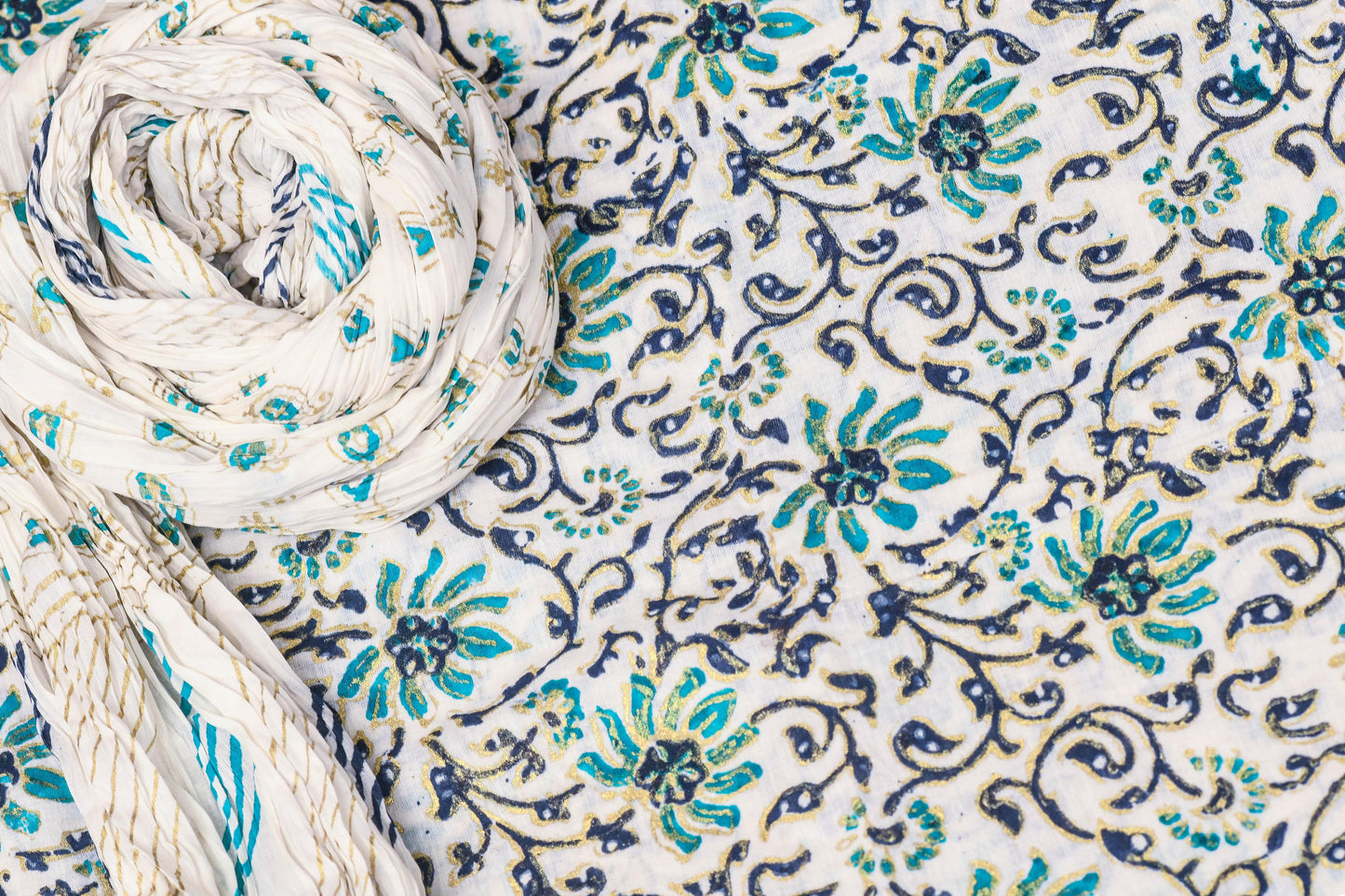 Uplift your look in this Gul-e-Dawoodi floral block printed with gold ferozi and blue - Unstitched Collection
