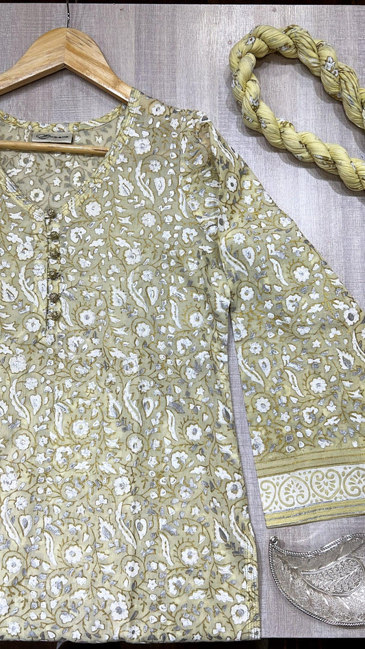 A striking combination of gold and silver block printing on a classic yellow - Stitched Collection
