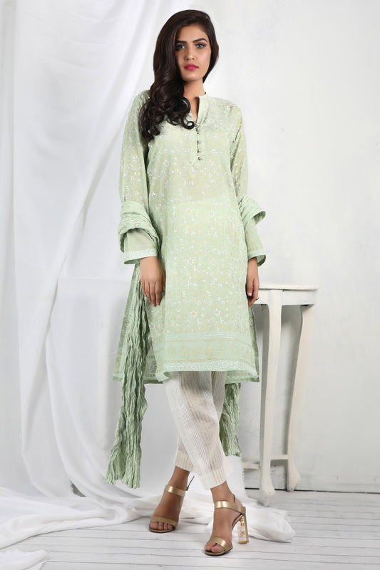 Breezy elegance! Light green lawn shirt with gold-silver floral block print and crushed dupatta - Stitched Collection