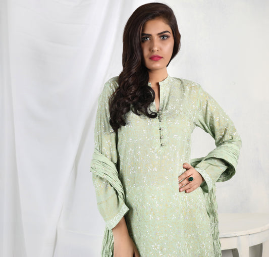 Breezy elegance! Light green lawn shirt with gold-silver floral block print and crushed dupatta - Stitched Collection