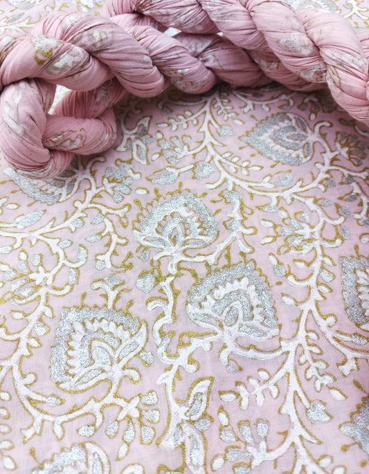 Consider the floral Block Printed fabric with luxurious Gold Silver and White - Unstitched Collection