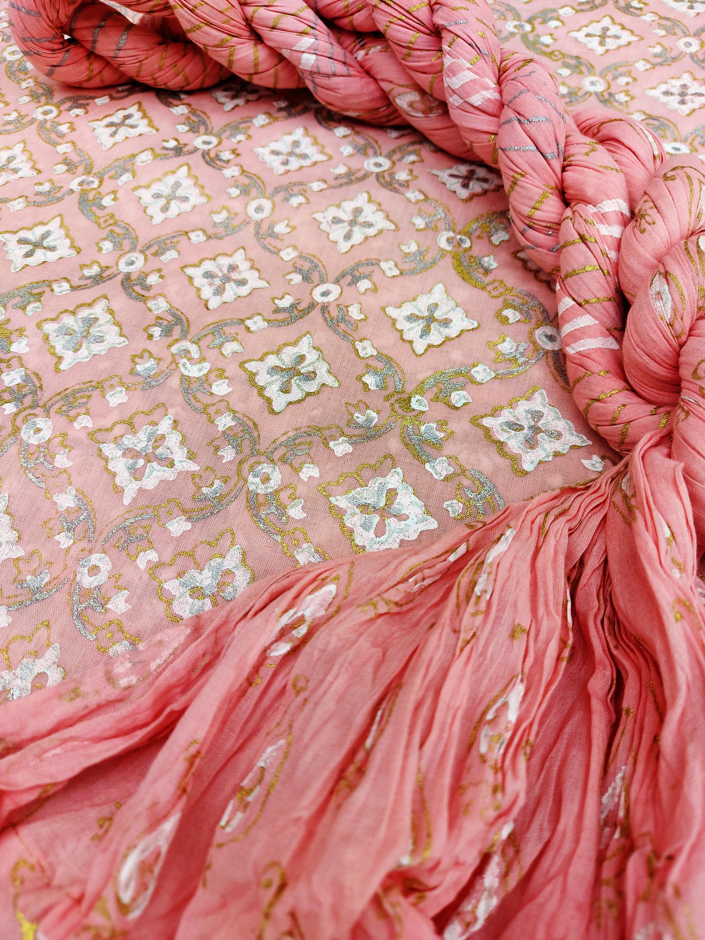 Perfect for any occasion, Peach lawn with gold, silver, and white print. Comes with a crushed dupatta - Unstitched Collection
