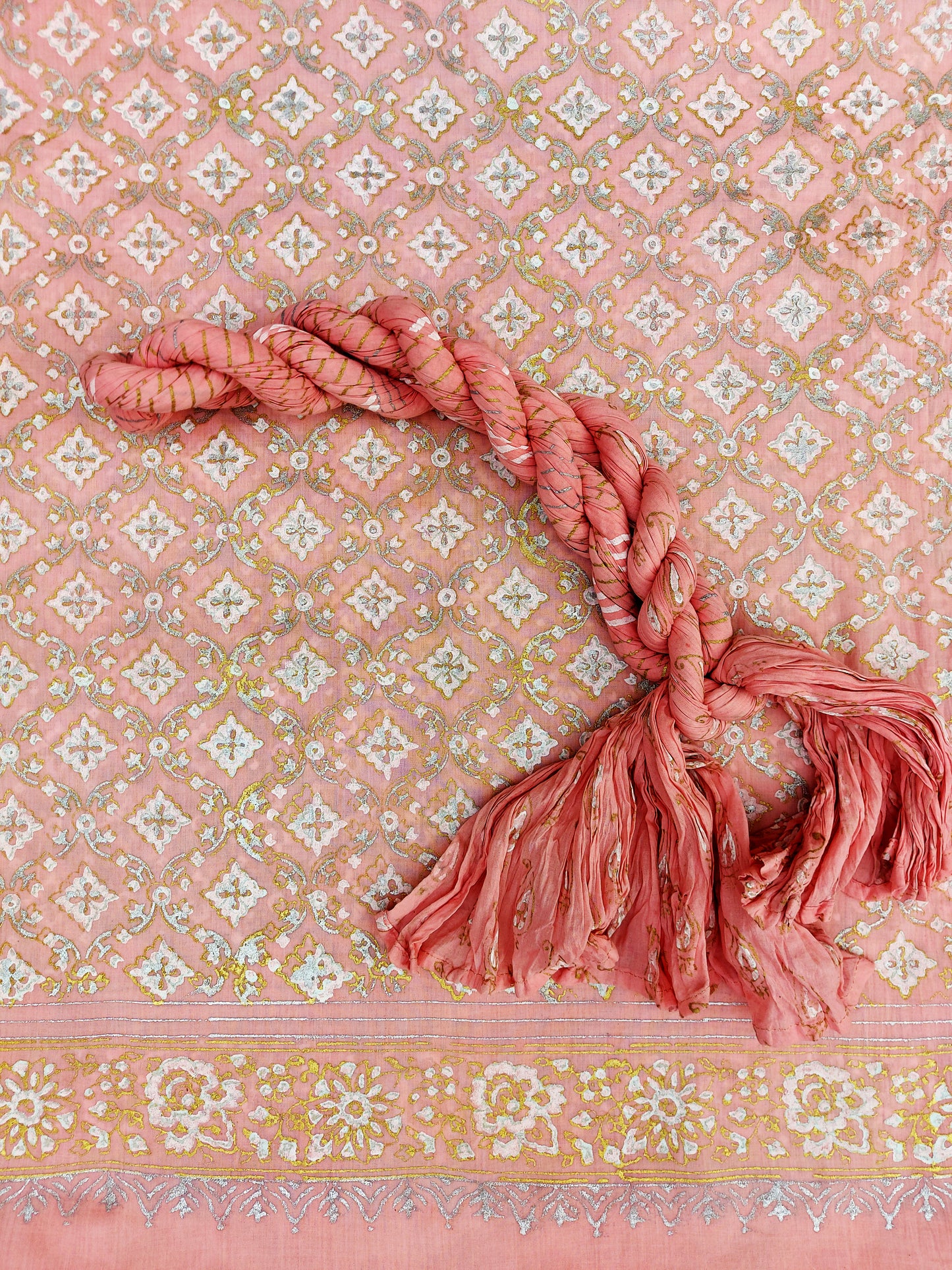 Perfect for any occasion, Peach lawn with gold, silver, and white print. Comes with a crushed dupatta - Unstitched Collection