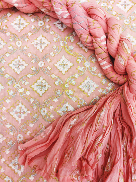 Perfect for any occasion, Peach lawn with gold, silver, and white print. Comes with a crushed dupatta - Unstitched Collection