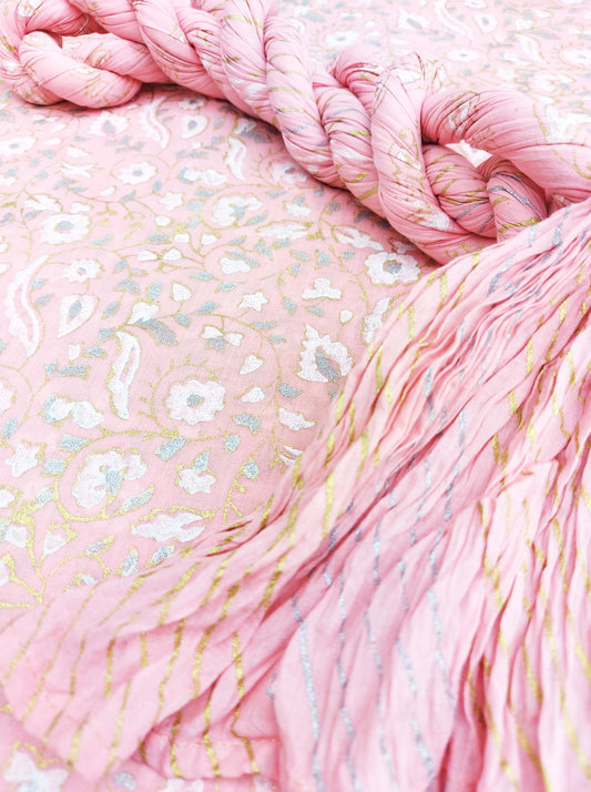 Unique floral Block Printed fabric in luxurious Gold Silver and White - Unstitched Collection