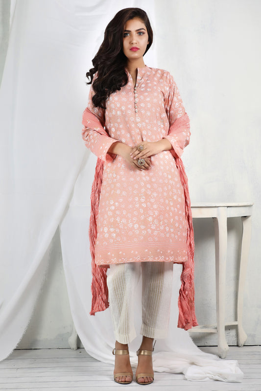 Experience elegance with our light peach lawn ensemble paired with crushed dupatta - Stitched Collection