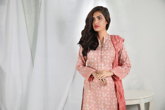 Experience elegance with our light peach lawn ensemble paired with crushed dupatta - Stitched Collection