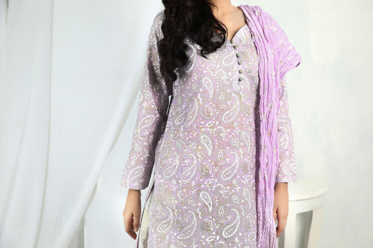 Elevate your style with our hand block printed collection in Lilac.- Stitched Collection