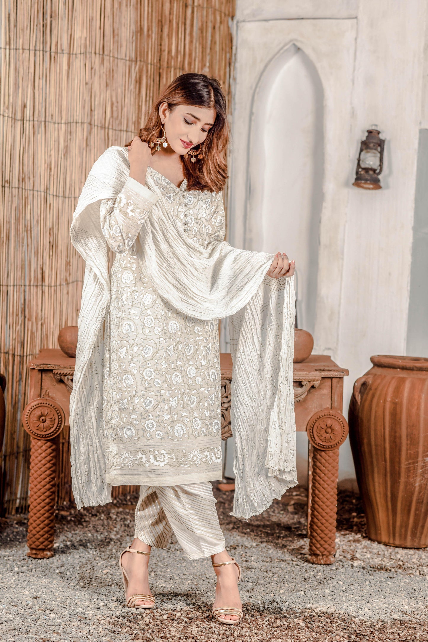 Gaindha Phool Block Print with gold and silver detailing is a must-have for any wardrobe - Stitched Collection