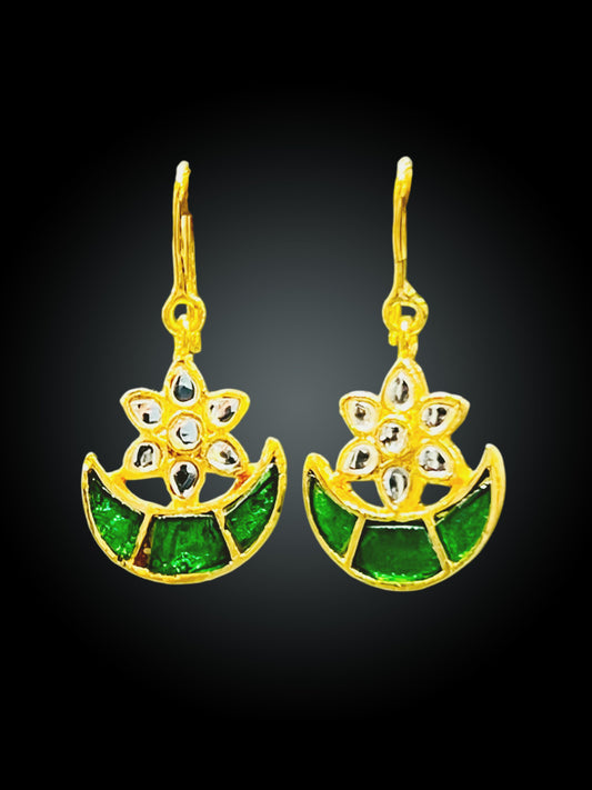 Gold Plated Chand Tara Kundan Earrings with Green Meena