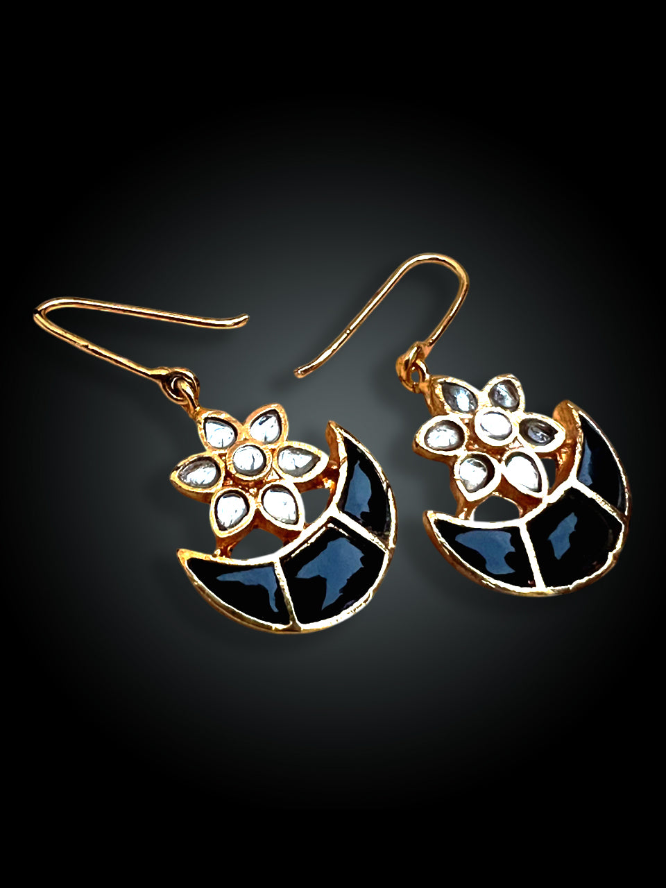 Gold Plated Chand Tara Kundan Earrings with Black Meena