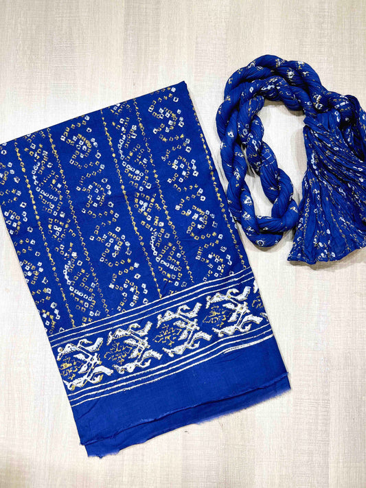 Indigo Blue Chundari Block Printed Unstitched Suit | Gold & Silver Hand Block Print | Shirt + Dupatta Or Shirt Only