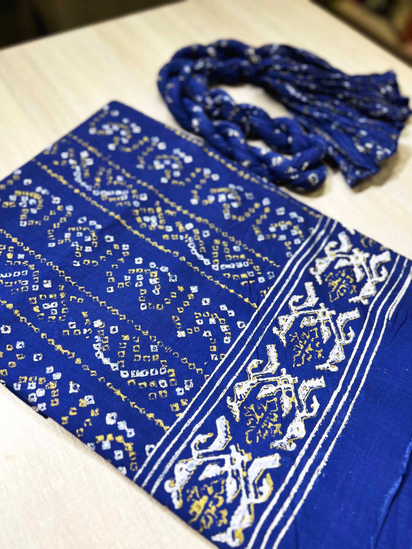 Indigo Blue Chundari Block Printed Unstitched Suit | Gold & Silver Hand Block Print | Shirt + Dupatta Or Shirt Only