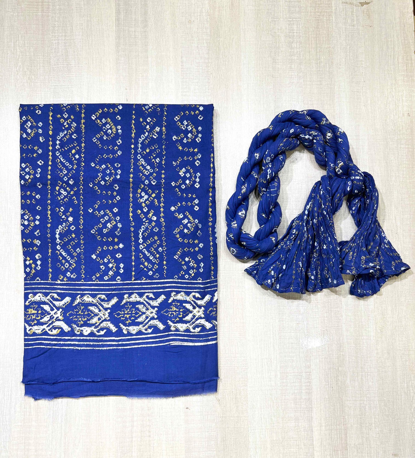 Indigo Blue Chundari Block Printed Unstitched Suit | Gold & Silver Hand Block Print | Shirt + Dupatta Or Shirt Only
