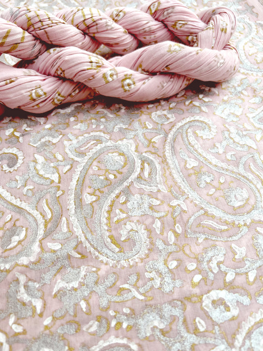Versatile Elegent Paisley Design Block Printed with luxurious Gold Silver and White - Unstitched Collection