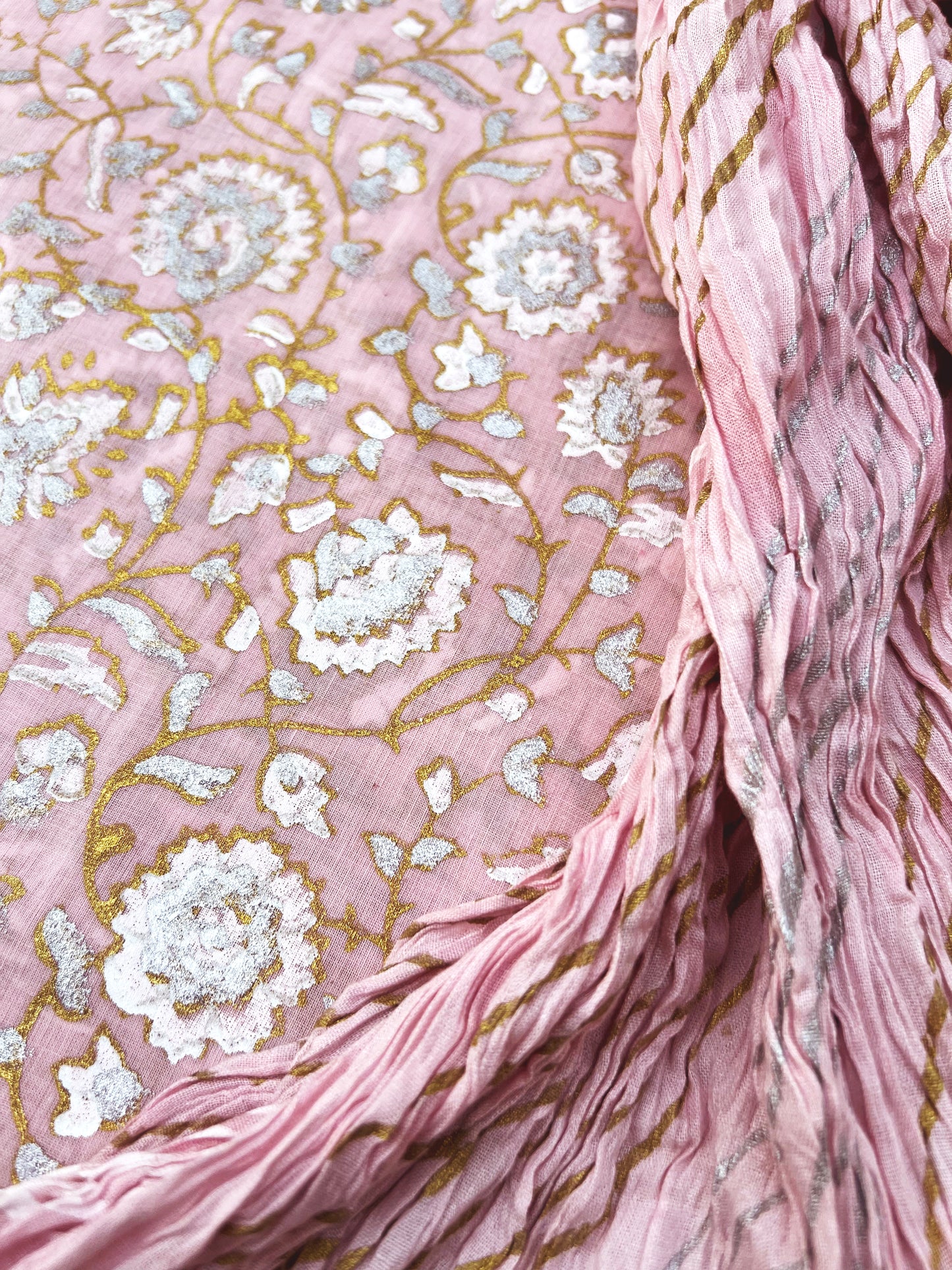 Gainda Phool Block Printed with Luxury Gold Silver on Barbie Pink - Unstitched Collection