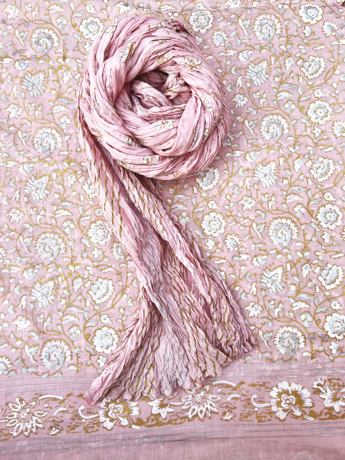 Gainda Phool Block Printed with Luxury Gold Silver on Barbie Pink - Unstitched Collection