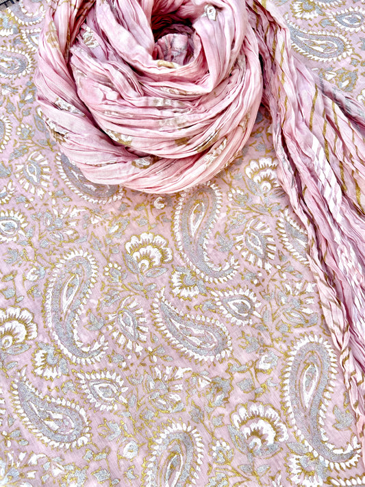 Sophisticated gold, silver, and white hand block printed Maryam Paisley Design - Unstitched Collection