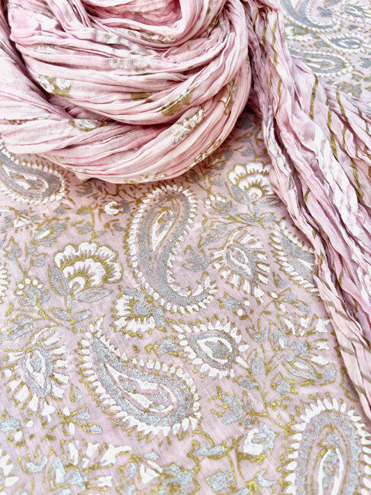 Sophisticated gold, silver, and white hand block printed Maryam Paisley Design - Unstitched Collection