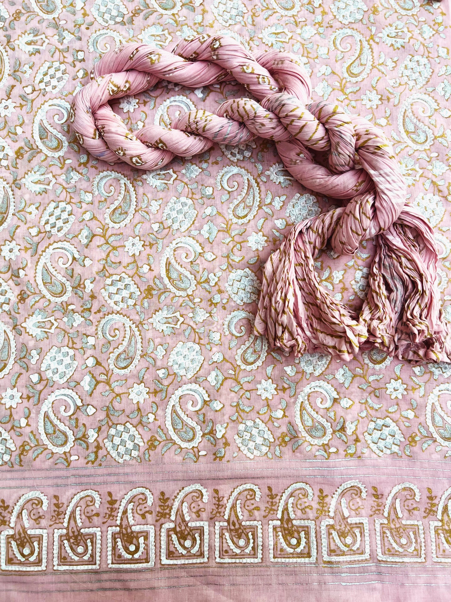 Stunning royal Paisley block print in gold, silver, and white on Barbie Pink - Unstitched Collection