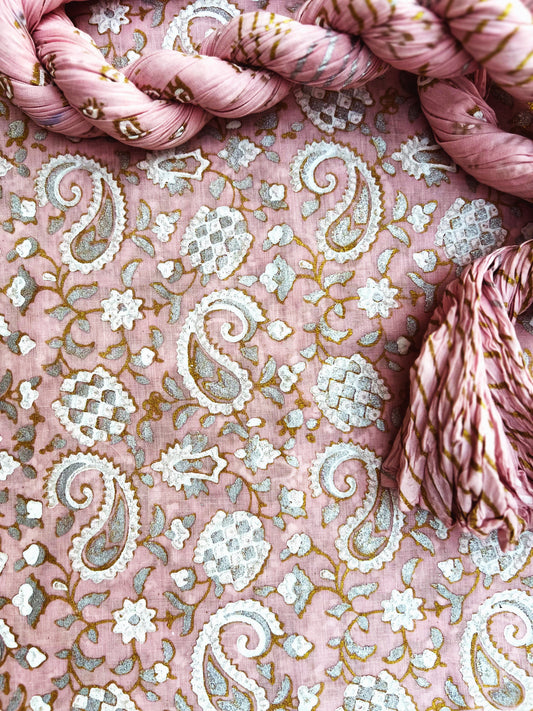 Stunning royal Paisley block print in gold, silver, and white on Barbie Pink - Unstitched Collection