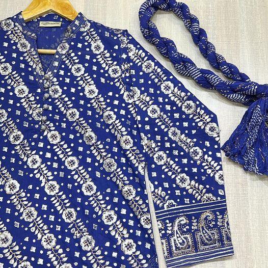 A stunning representation of the art of fashion in this indigo blue with Copper and Silver Block Print. - Stitched Collection
