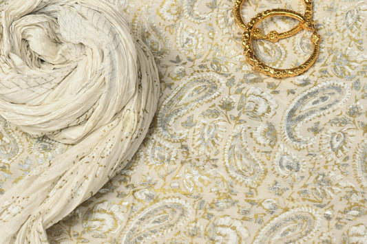 Maryam Paisley Design Hand Block Printed with Gold silver - Unstitched Collection
